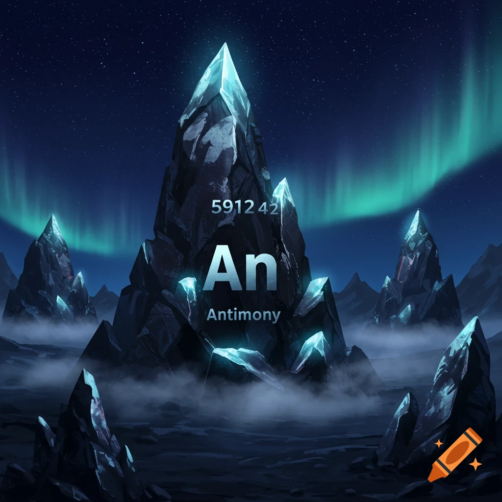 Fantastical nighttime landscape with glowing blue crystals, fog, and aurora borealis in the sky. Text "591242 An Antimony" is on the largest crystal.
