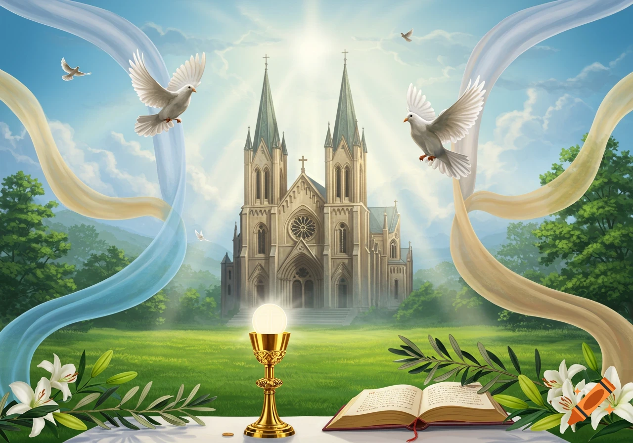A grand Catholic church with two spires stands behind a green field. In the foreground are doves, a golden chalice with a glowing host, an open bible, white lilies, and olive branches under a bright sky with light rays.