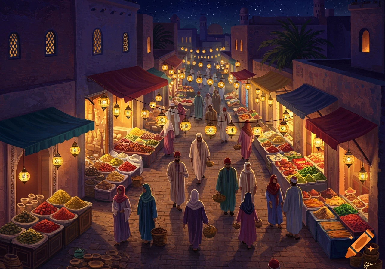 A vibrant, painterly illustration of a bustling Middle Eastern night market street, with people browsing colorful stalls under strings of glowing lanterns.