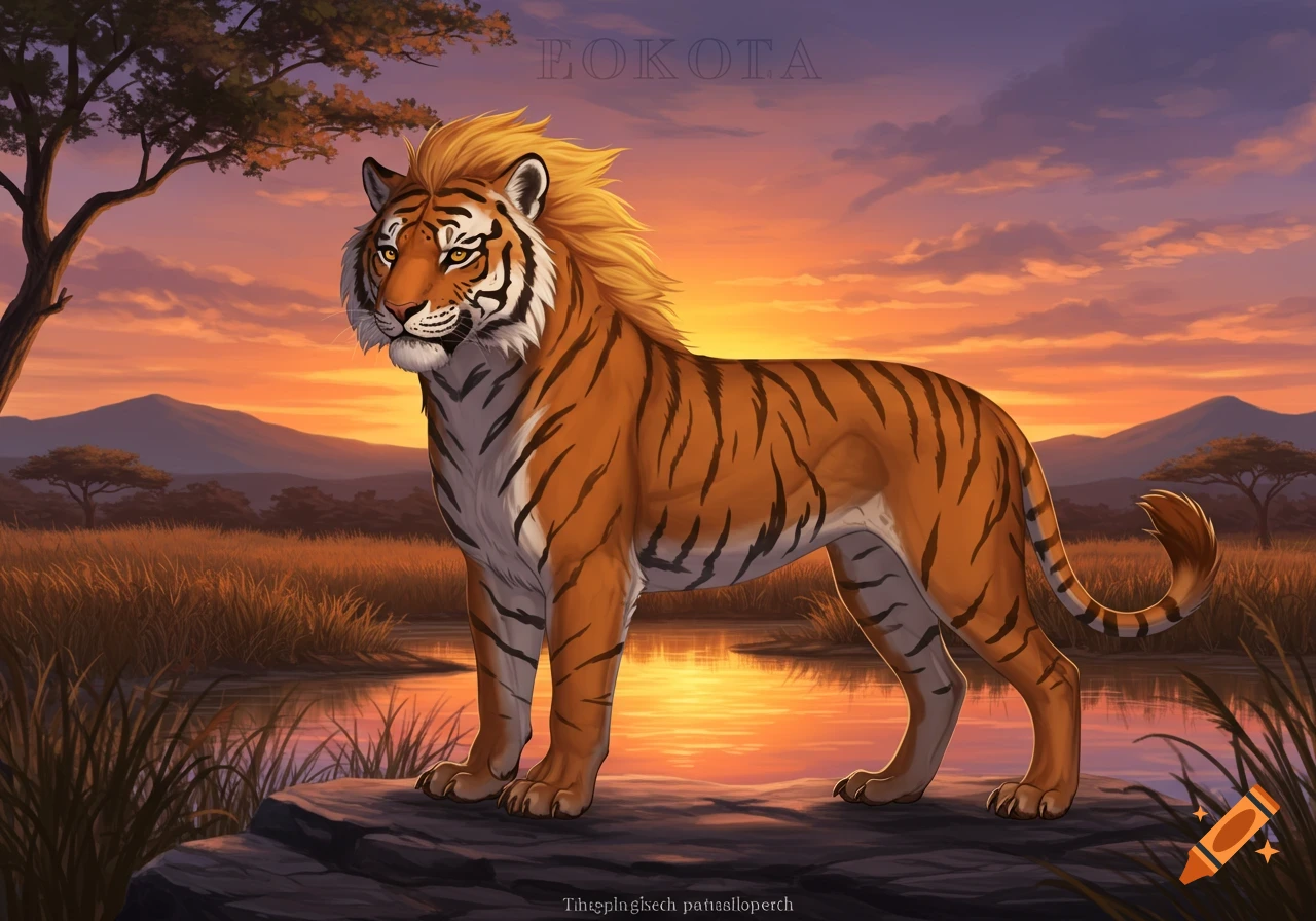 A tiger-like creature with a golden mane stands on rocks by a reflective river at sunset in a savanna landscape, digital art.