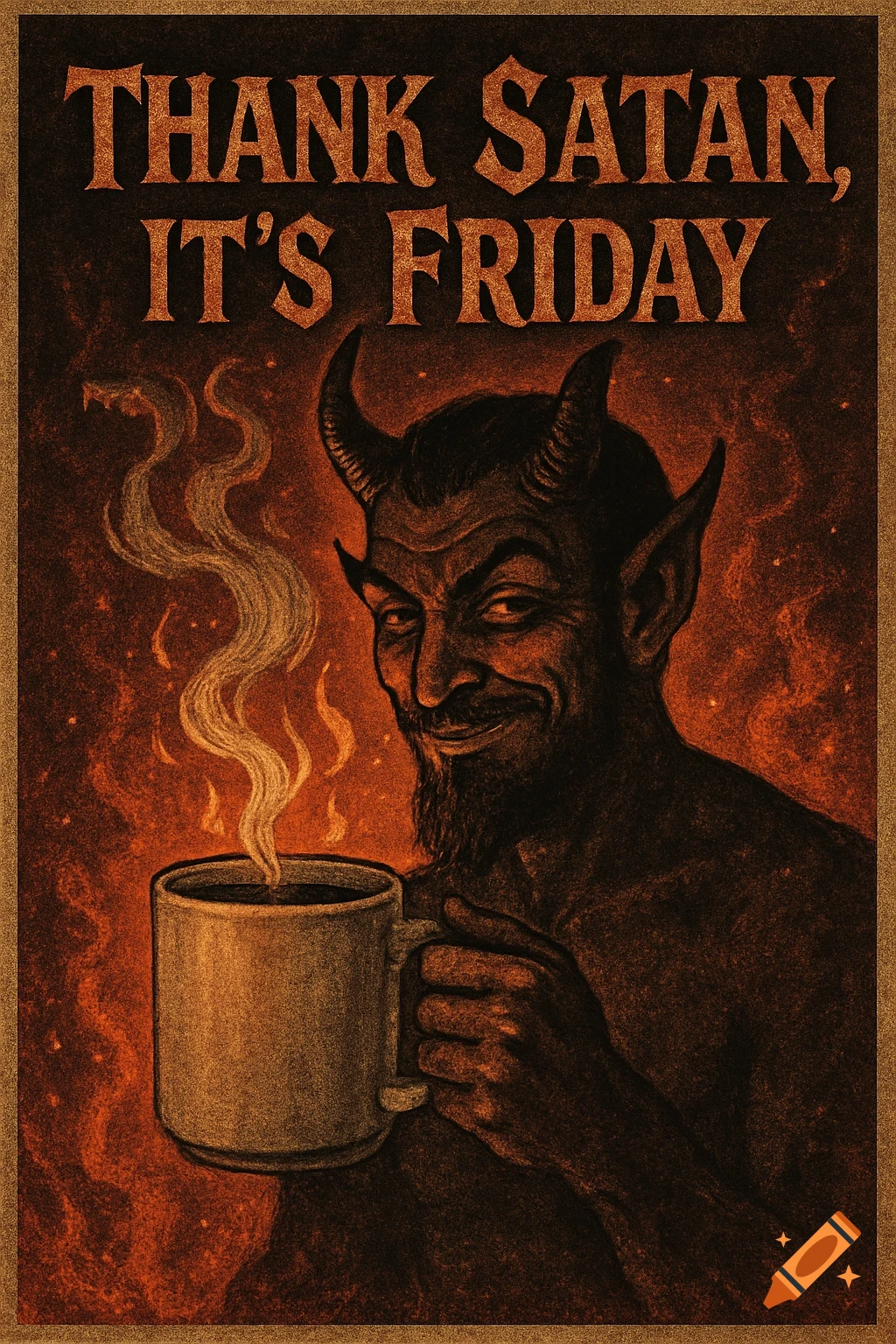 Vintage illustration of a smiling Satan holding a steaming coffee mug amidst hellfire, with text 'Thank Satan, it's Friday'.