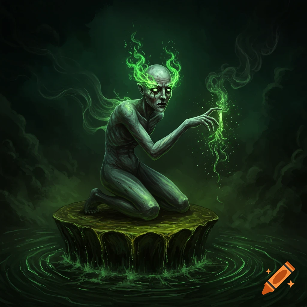 A gaunt, green-skinned creature with glowing eyes and green flames on its head kneels on an island in dark green water.