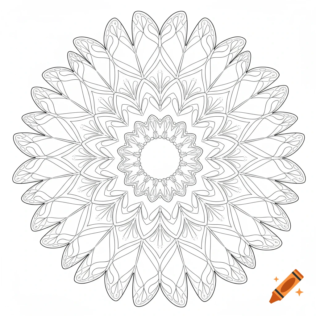 Black and white line art coloring sheet of a symmetrical mandala pattern with intricate designs including butterflies and circles.