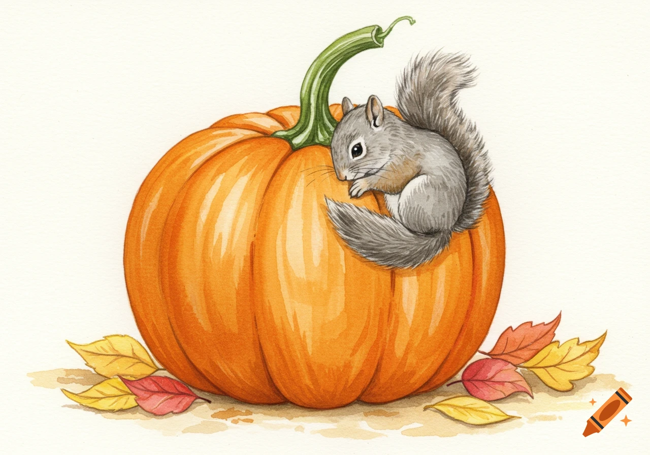 A watercolor illustration of a gray squirrel curled on a large orange pumpkin, surrounded by fall leaves.