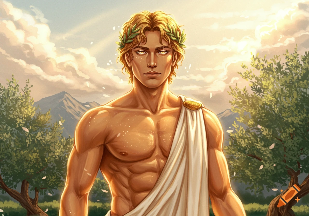 Illustrated handsome blond Greek god with a laurel wreath, toga, and glowing eyes, against a sunny sky with mountains and trees.