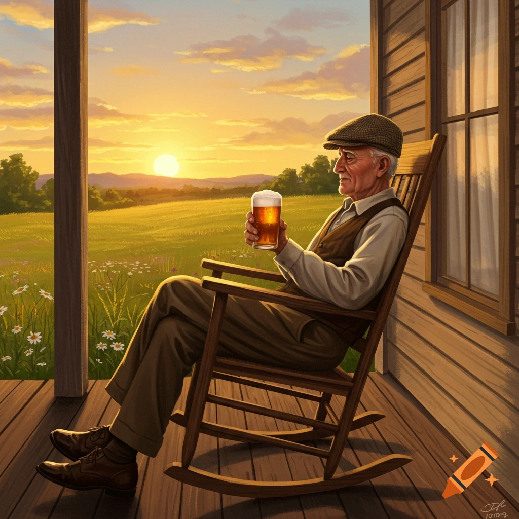Painterly illustration of an elderly man in a rocking chair on a porch, holding a beer, watching a sunset over a green field.