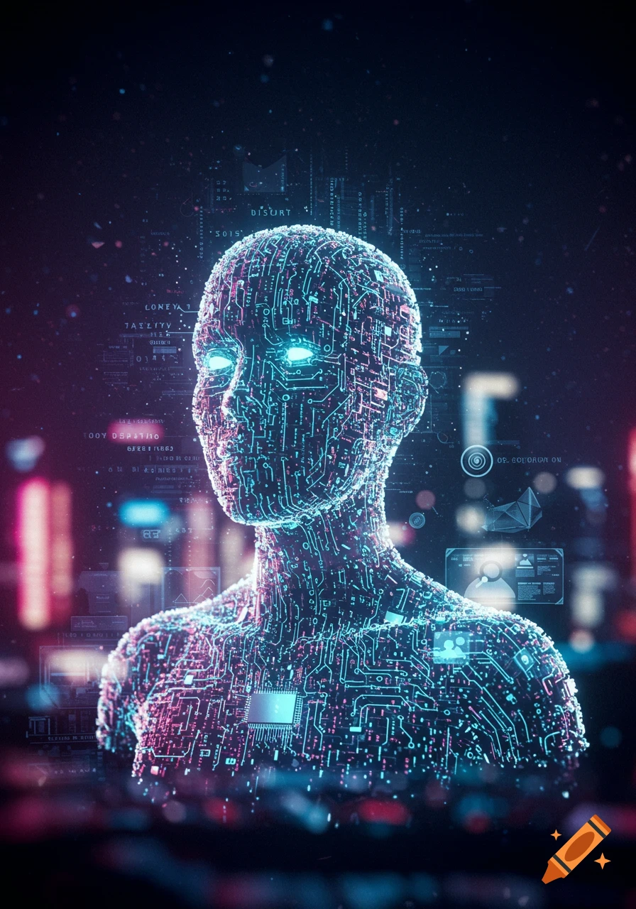 A glowing, human-like figure made of intricate circuit boards, set against a dark, futuristic digital background with data elements.