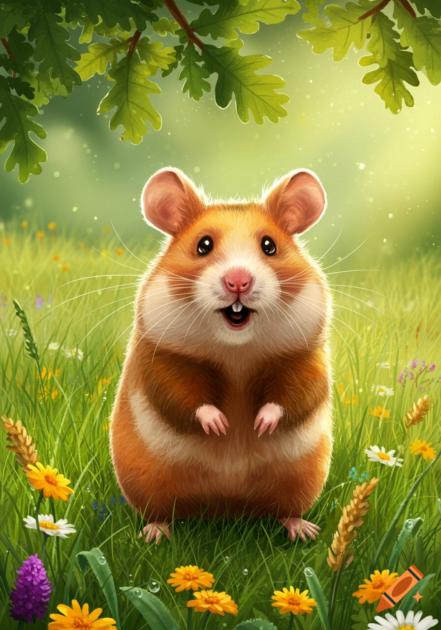 A fluffy, brown and white hamster stands in a vibrant green field with colorful wildflowers and green leaves overhead, in an illustrated style.