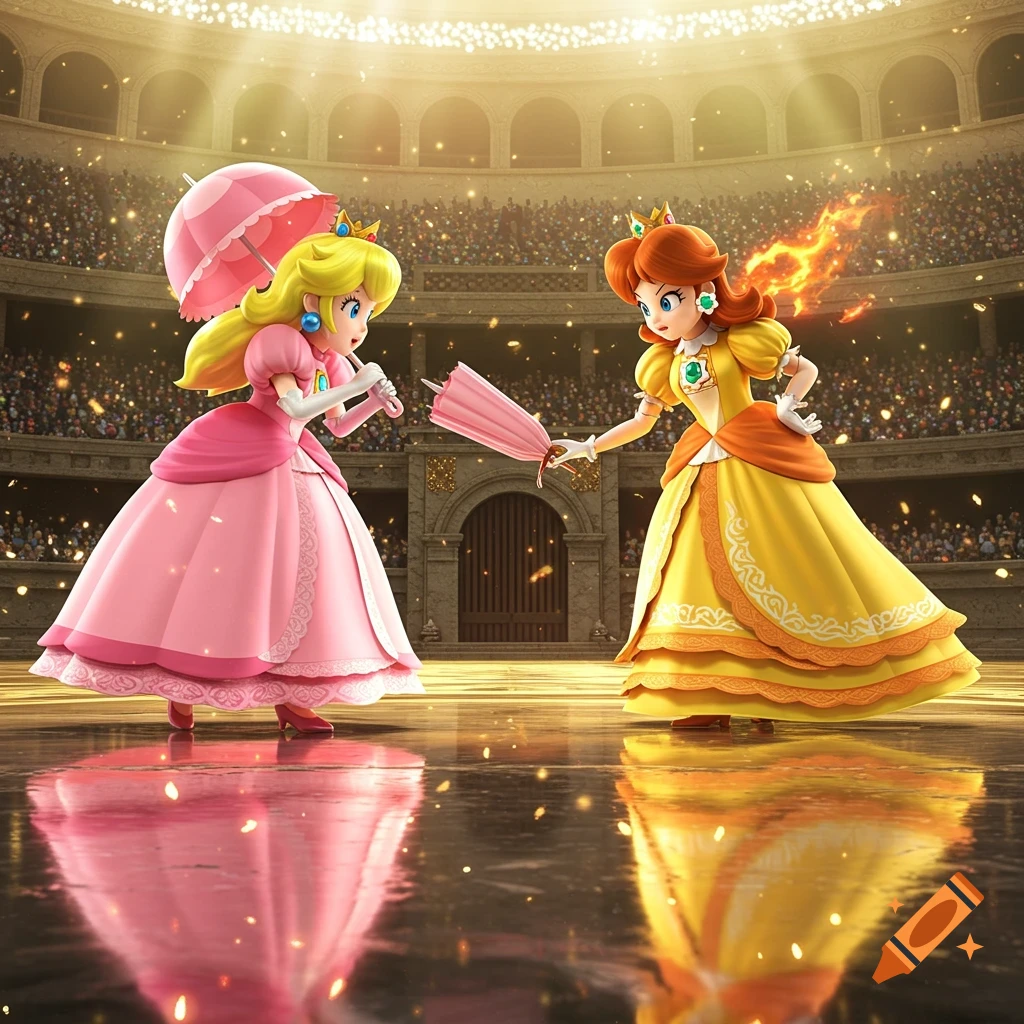 Princess Peach and Princess Daisy face off in a grand arena, holding umbrellas, with sparkling reflections on the floor.