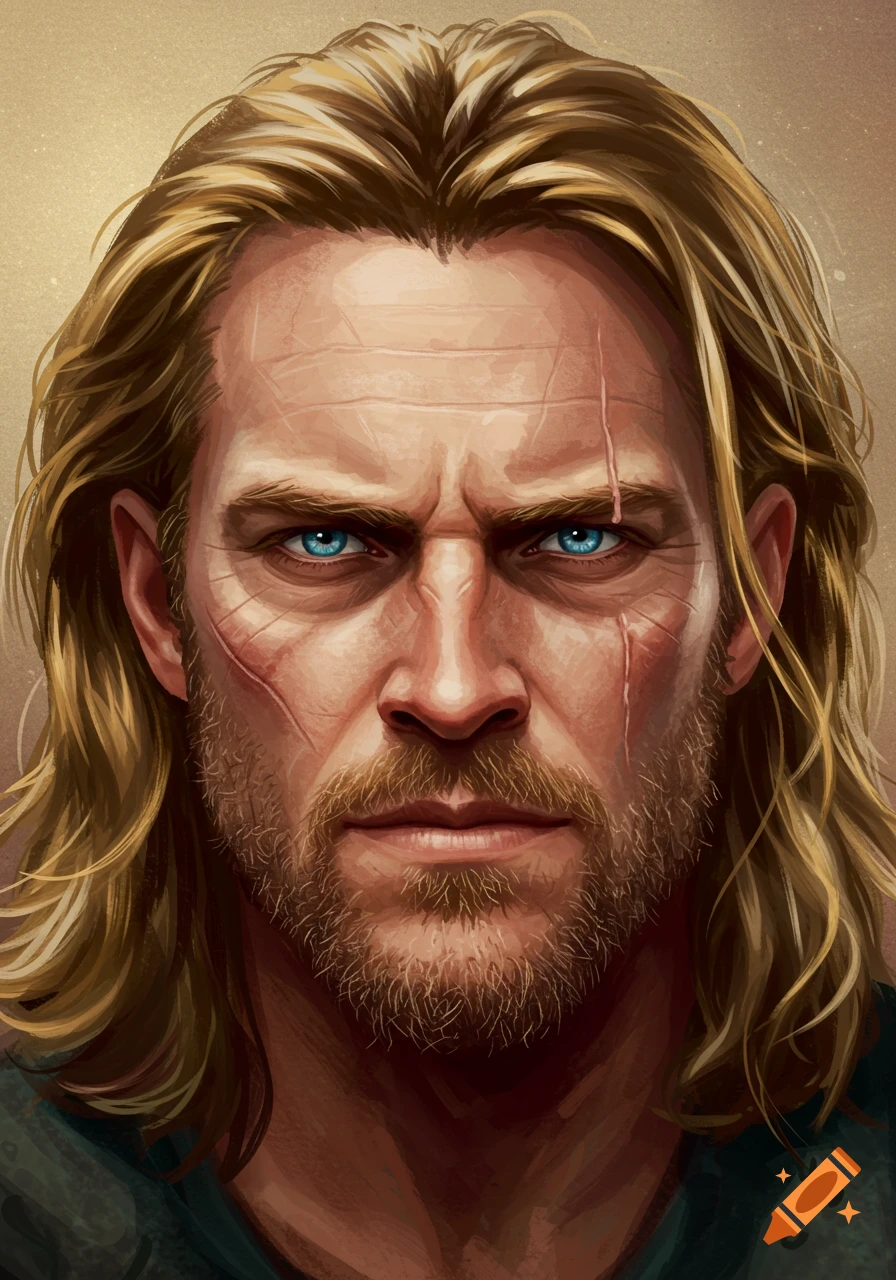 Digital painting of a stern man with long blonde hair, blue eyes, a beard, and prominent facial scars.