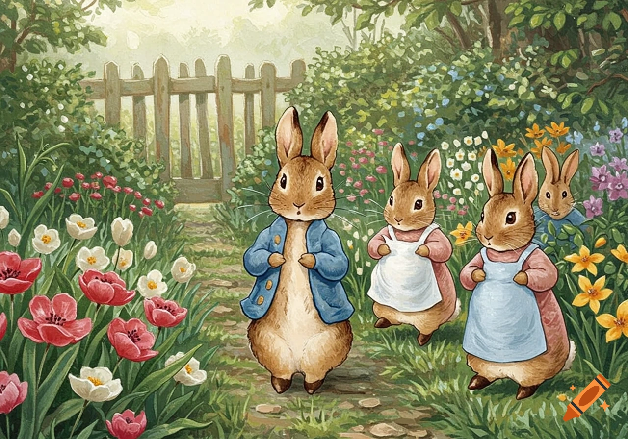 Peter Rabbit in a blue jacket and three sisters in aprons walk through a blooming garden with a wooden fence in a watercolor illustration.