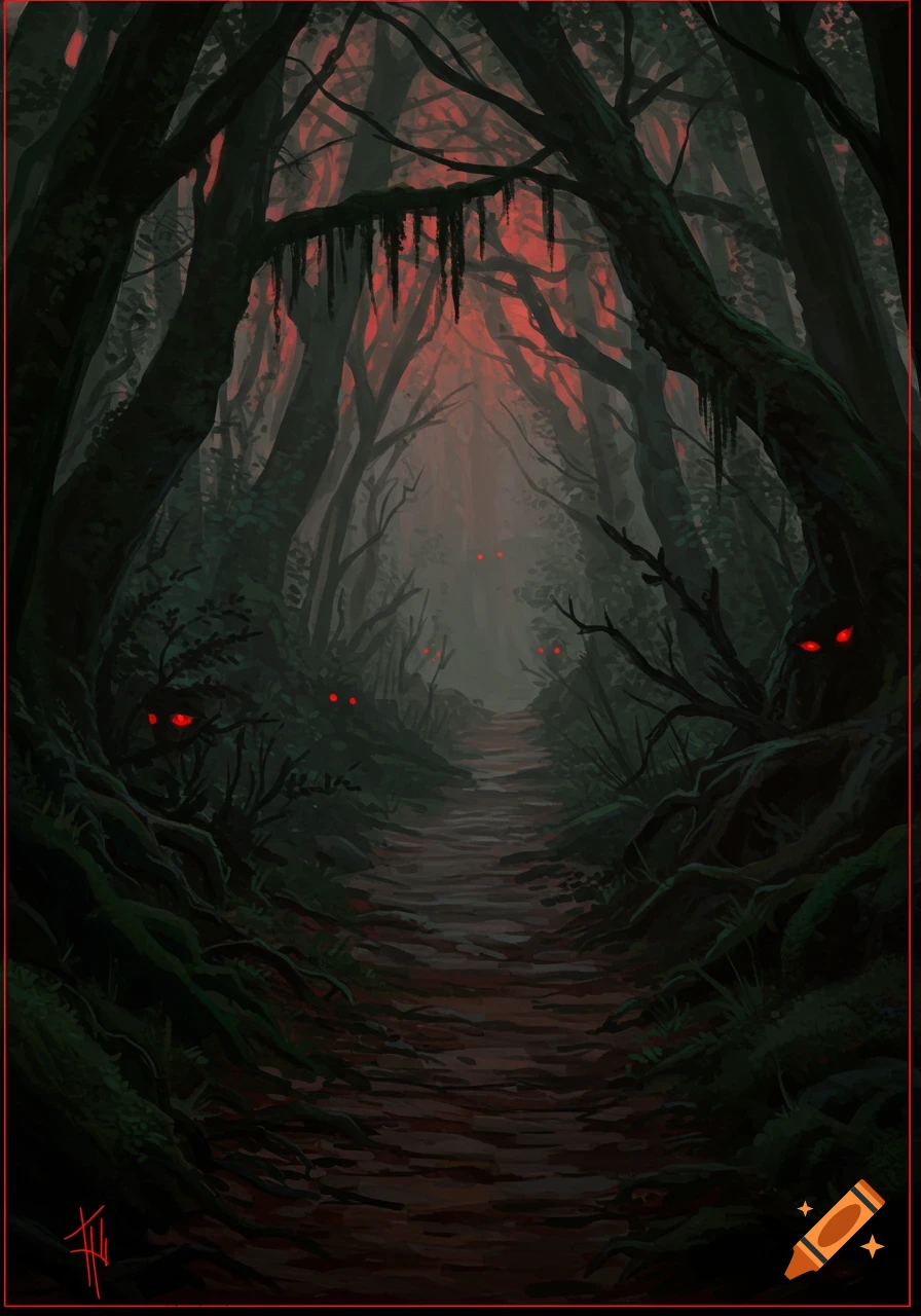 Dark, atmospheric digital art of a gloomy forest path with gnarled trees and glowing red eyes peeking from the shadows.