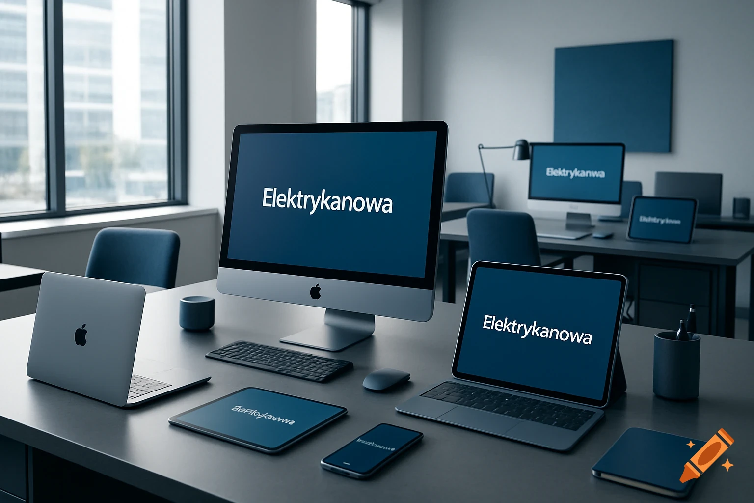 A sleek, modern office workspace with multiple Apple devices, including a monitor, laptop, tablet, and phone, displaying "Elektrykanowa" on screens, with subtle blue accents throughout.