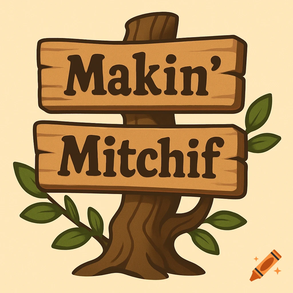 A cartoon wooden sign attached to a tree trunk with leaves. The top board reads "Makin'" and the bottom board reads "Mitchif".
