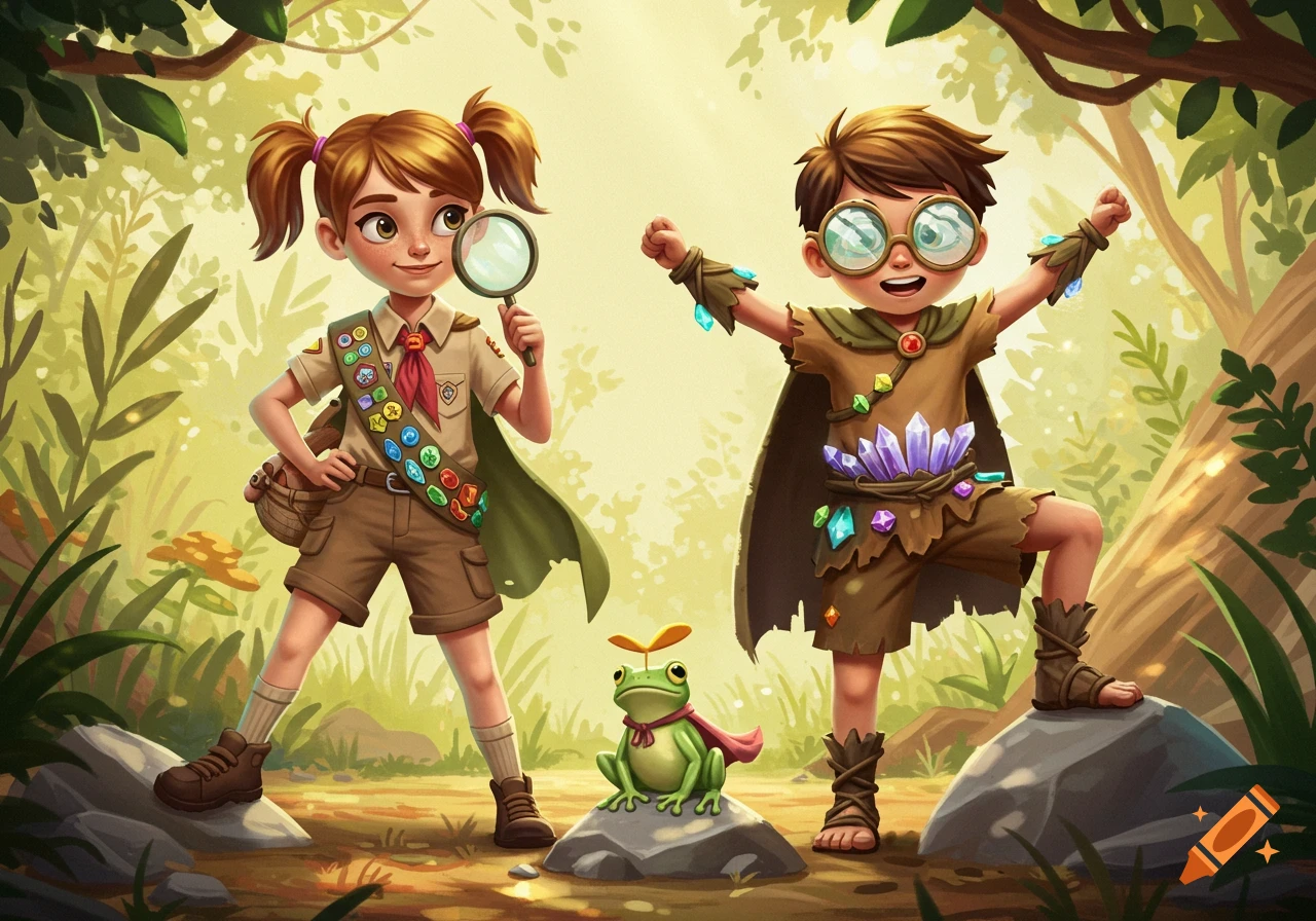 Whimsical illustration of a Girl Scout girl, a superhero boy with crystals, and a frog posing in a sunny forest.