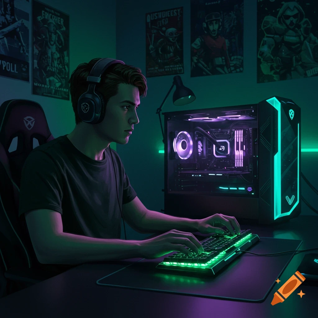 A male gamer with headphones sits at a desk with a glowing keyboard, looking at a monitor, next to a custom PC in a neon-lit room.