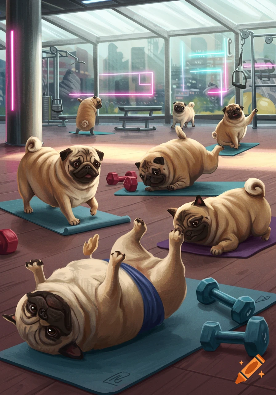 Chubby pugs in a colorful gym doing various exercises, some stretching on yoga mats, others with dumbbells, in a cartoonish style.
