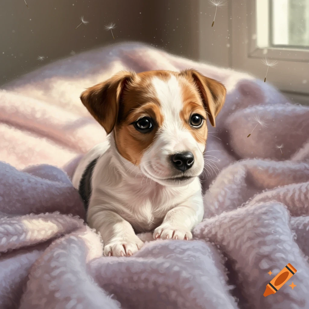 A fluffy brown and white Jack Russell puppy with big dark eyes lies on a soft pink blanket by a window.