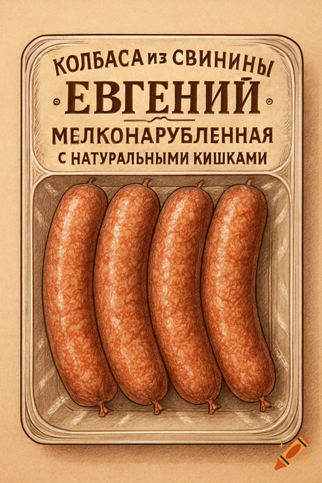 Illustration of four sausages in a transparent plastic package with a brown label featuring Russian text.
