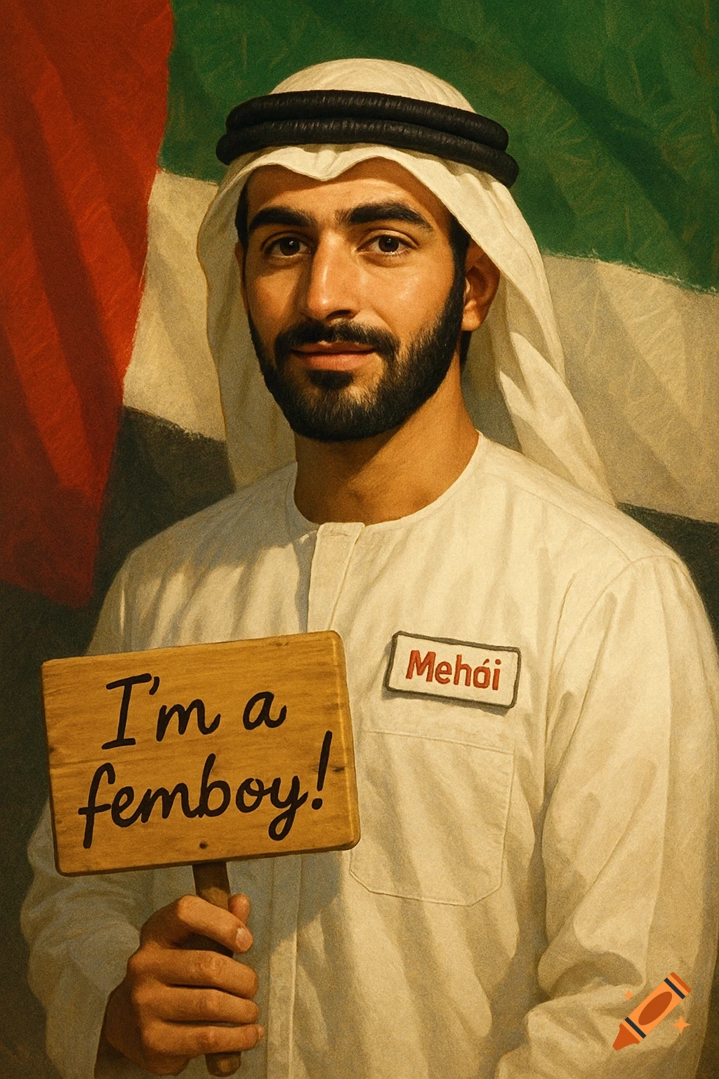 A bearded Arab man in traditional white attire holds a 'I'm a femboy!' sign in front of a UAE flag, wearing a 'Mehoí' nametag.
