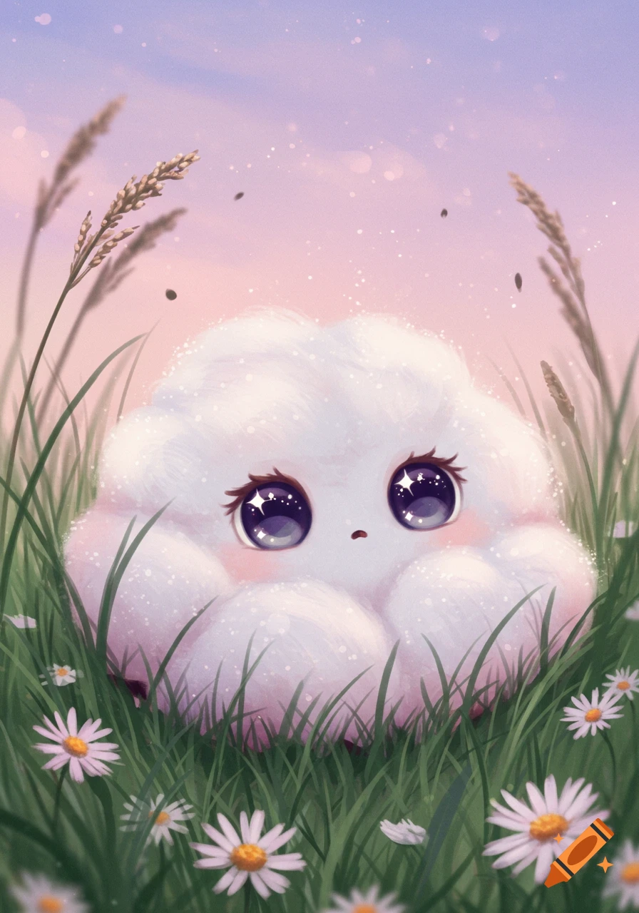 A cute, fluffy white cloud creature with big sparkling purple eyes sits in green grass with daisies under a pastel pink and purple sky. Digital art.