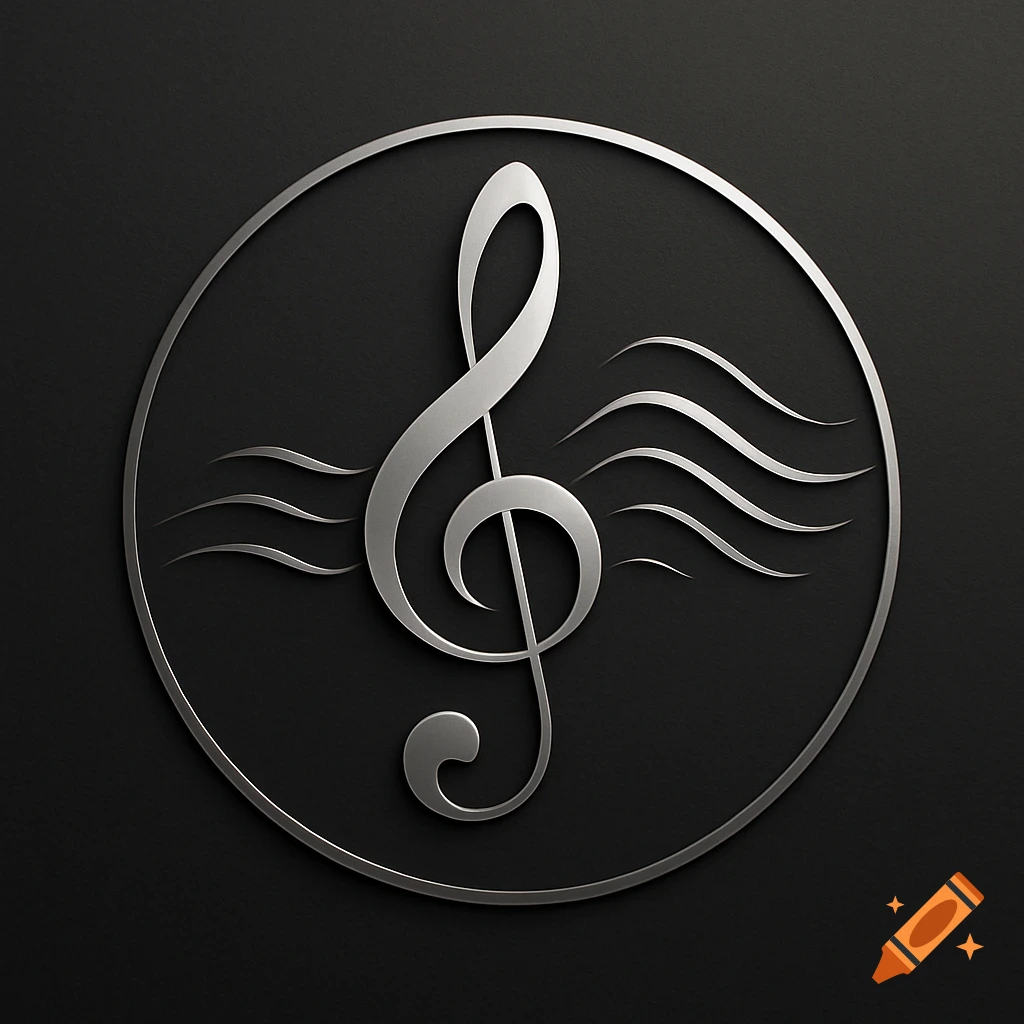 A silver treble clef with wavy lines inside a circle on a dark textured background.