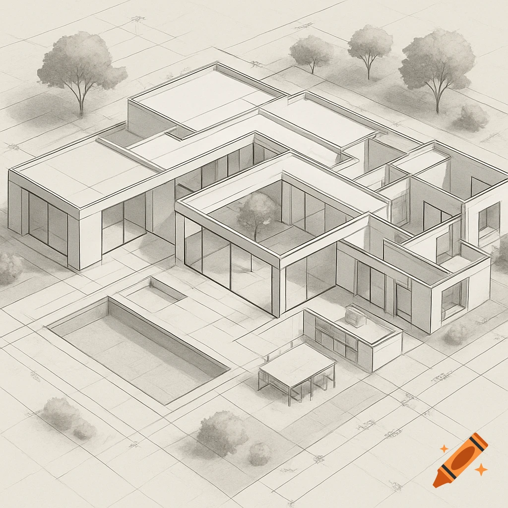 Isometric architectural sketch of a modern villa with flat roofs, large windows, a central courtyard, a pool, and an outdoor dining area.