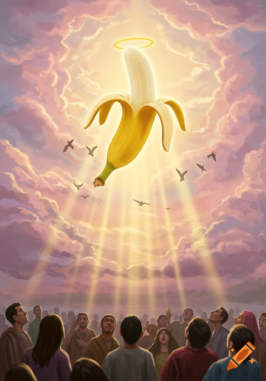 A peeled banana with a halo descends from a glowing, cloudy sky as a crowd looks up in awe, digital painting.
