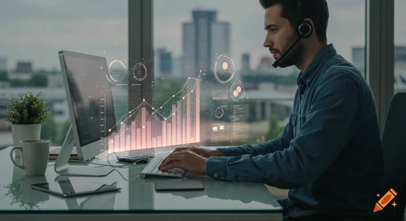 A man wearing a headset works at a computer, with holographic graphs and data projected above the screen in an office setting.