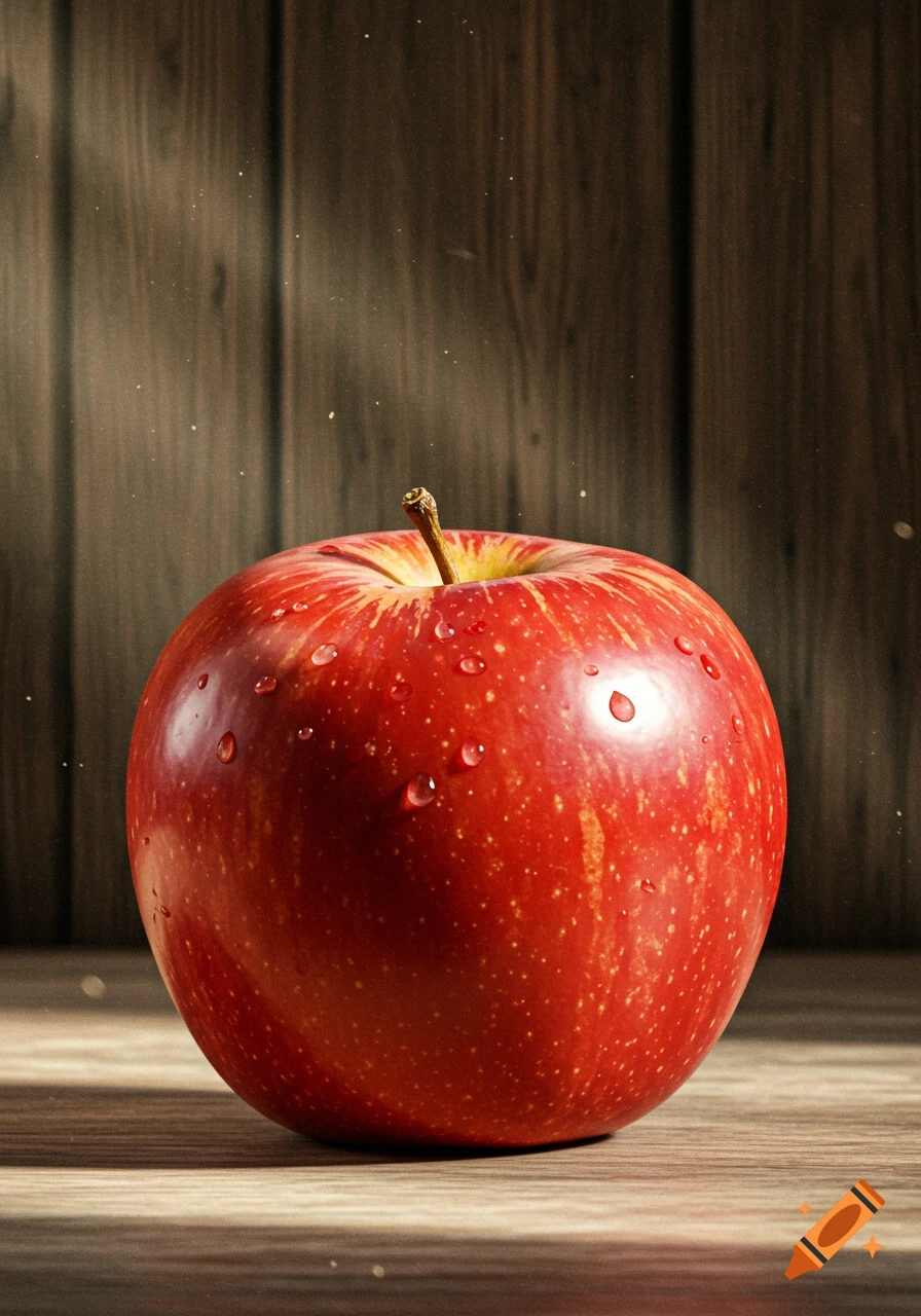 A close-up, photorealistic image of a vibrant red apple covered in water droplets, resting on a wooden surface with a dark wooden background.