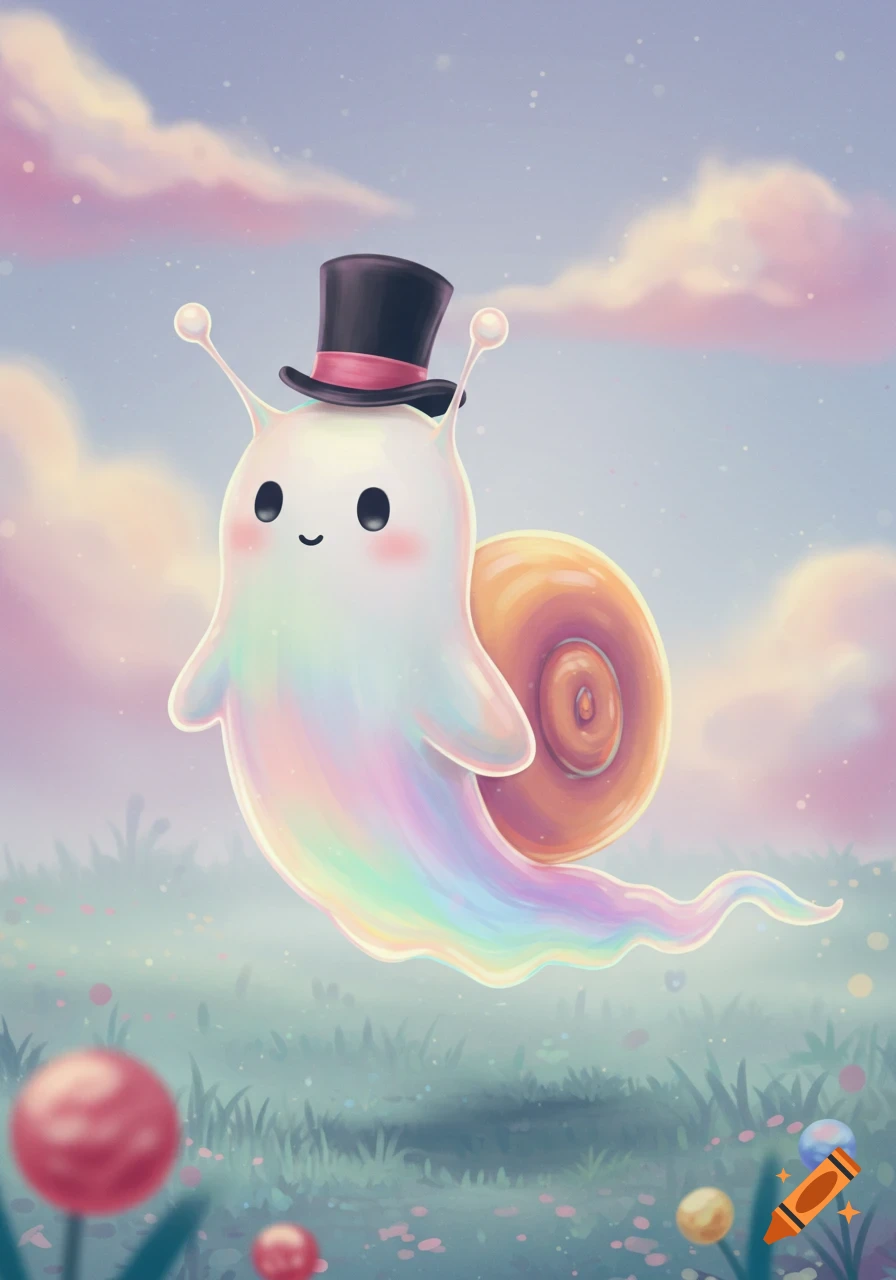 A cute, rainbow-colored, ghost-like snail with a black top hat floats in a whimsical pastel landscape.