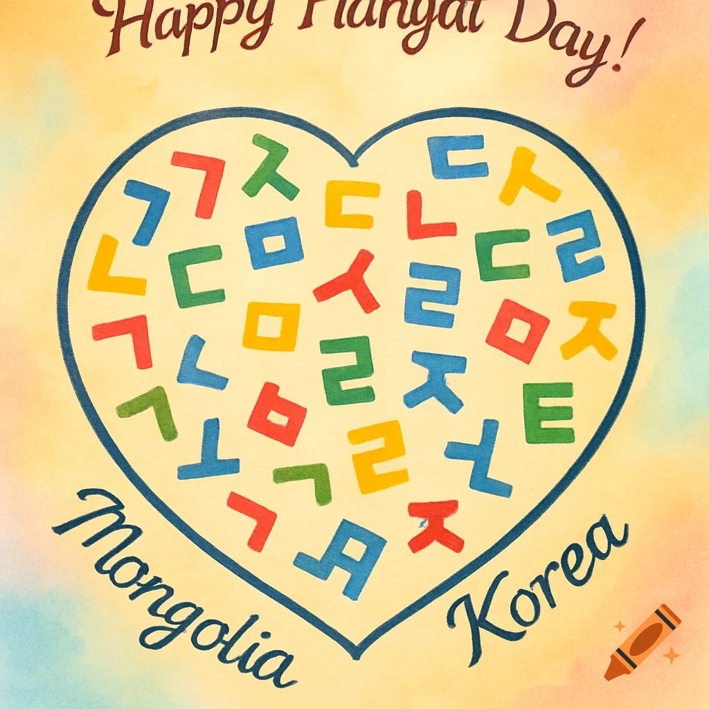 A watercolor illustration of a heart filled with colorful Hangul letters, with "Happy Hangul Day!" at the top and "Mongolia" and "Korea" at the bottom, on a soft watercolor background.