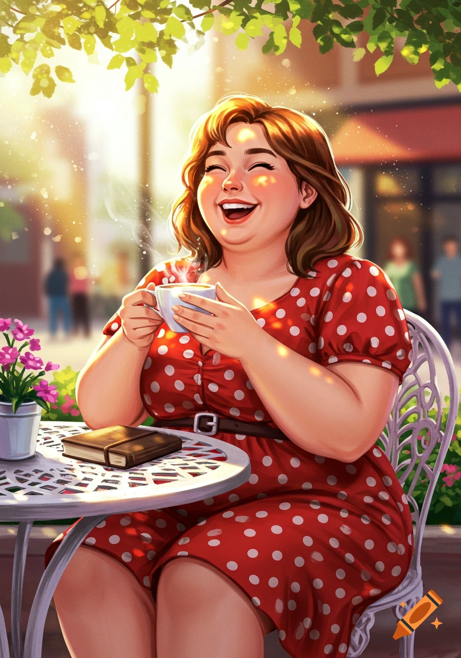 Happy curvy woman in a red polka dot dress laughing with a coffee cup at a sunny outdoor cafe, digital illustration.