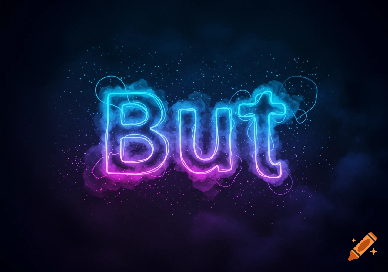 The word 'BUT' in glowing blue and pink neon letters against a dark, starry, smoky background.