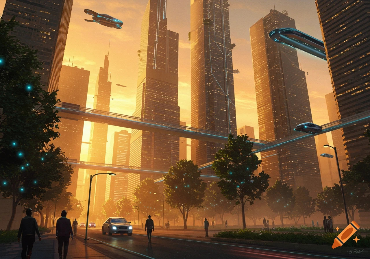 A vibrant futuristic cityscape at sunset, with tall skyscrapers, flying vehicles, and people walking on a street.
