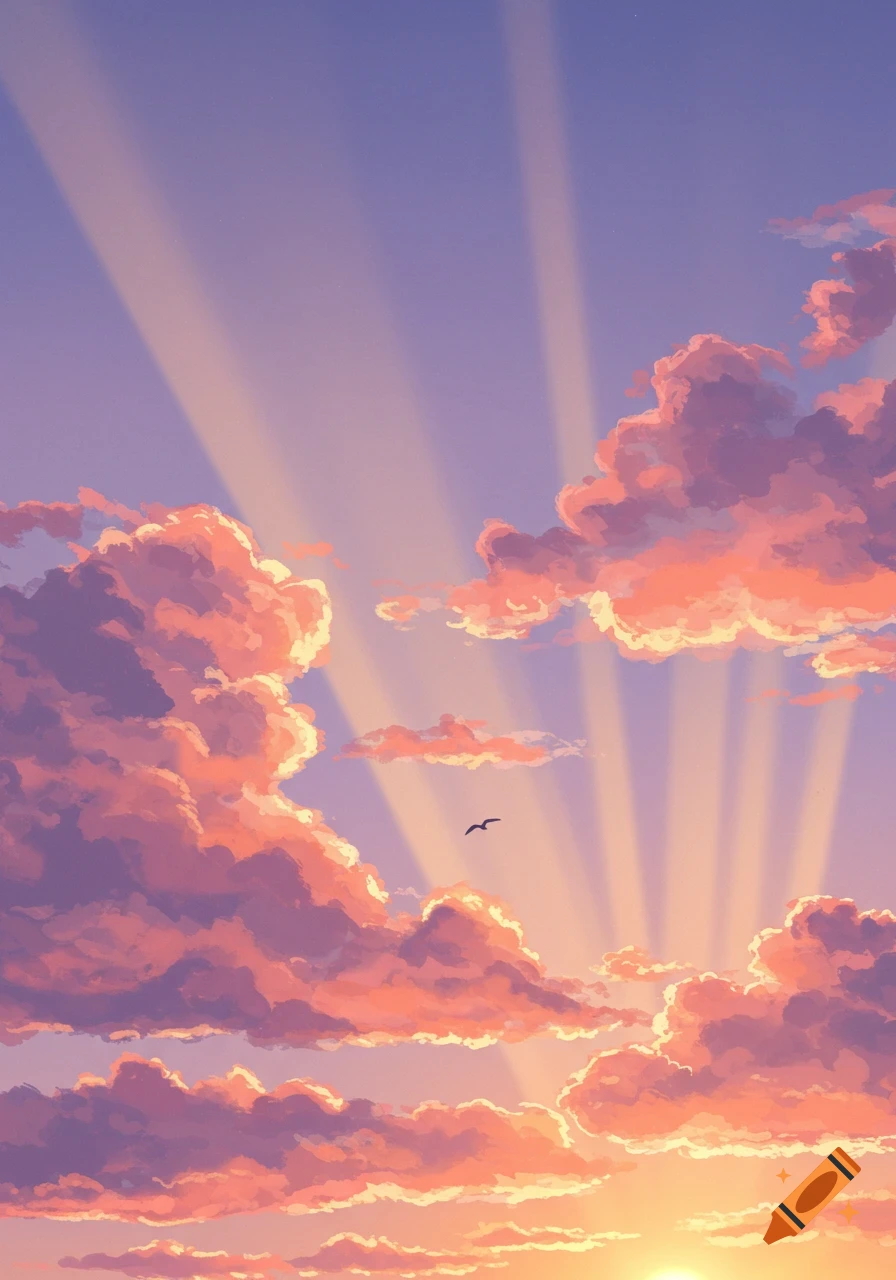Illustrated dawn sky with vibrant orange and pink clouds, purple-blue sky, bright sunrays, and a lone bird flying.