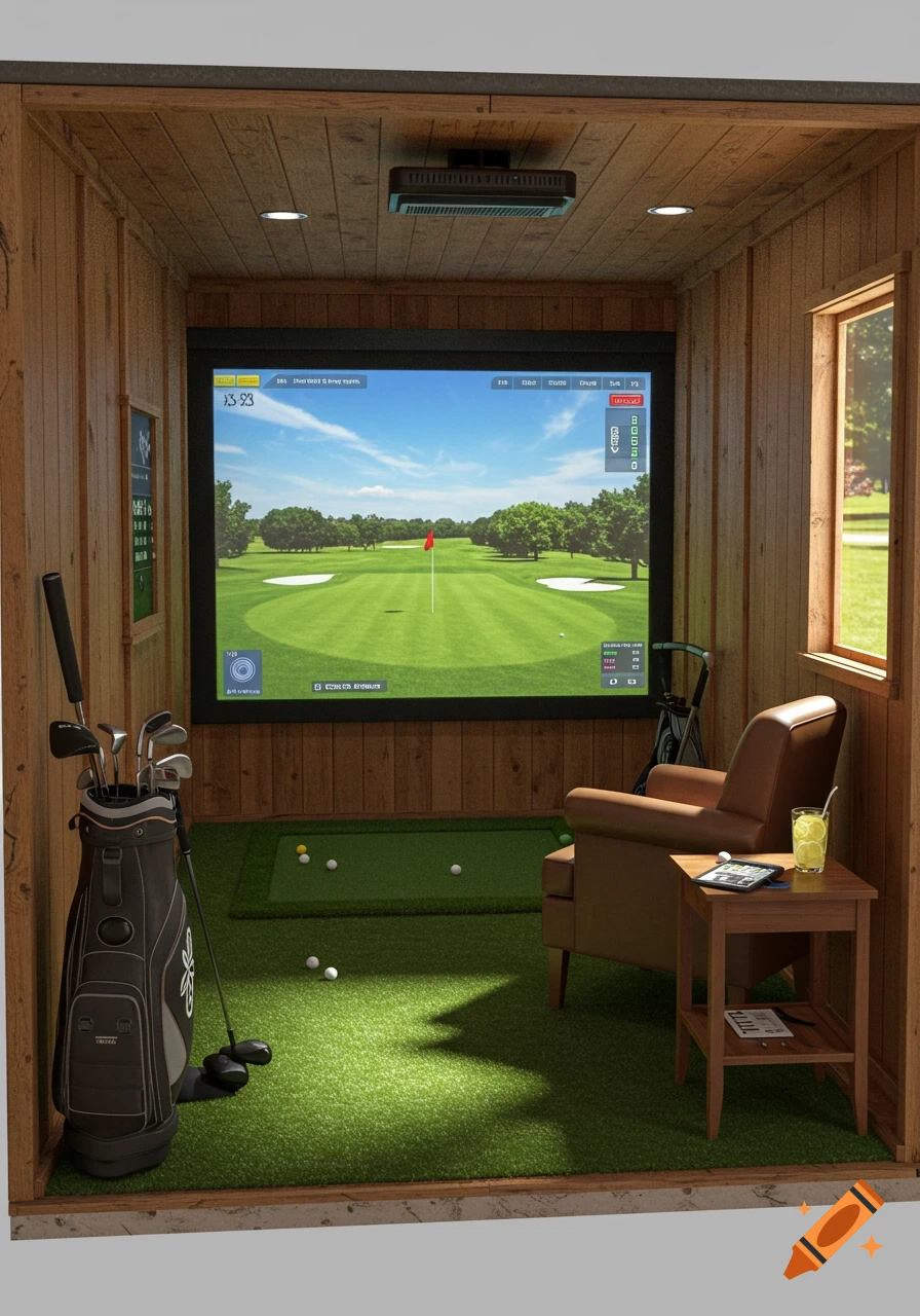 A photorealistic indoor golf simulator in a rustic wooden shed, featuring a large screen showing a golf course, golf clubs, and a comfy armchair.