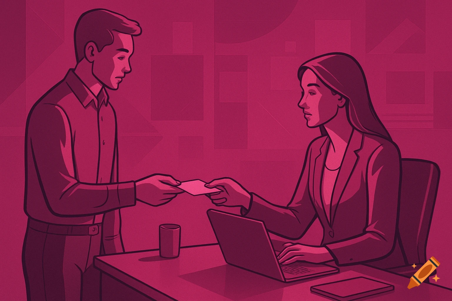 Magenta monochrome illustration of a man giving a note to a woman sitting at a desk with a laptop.
