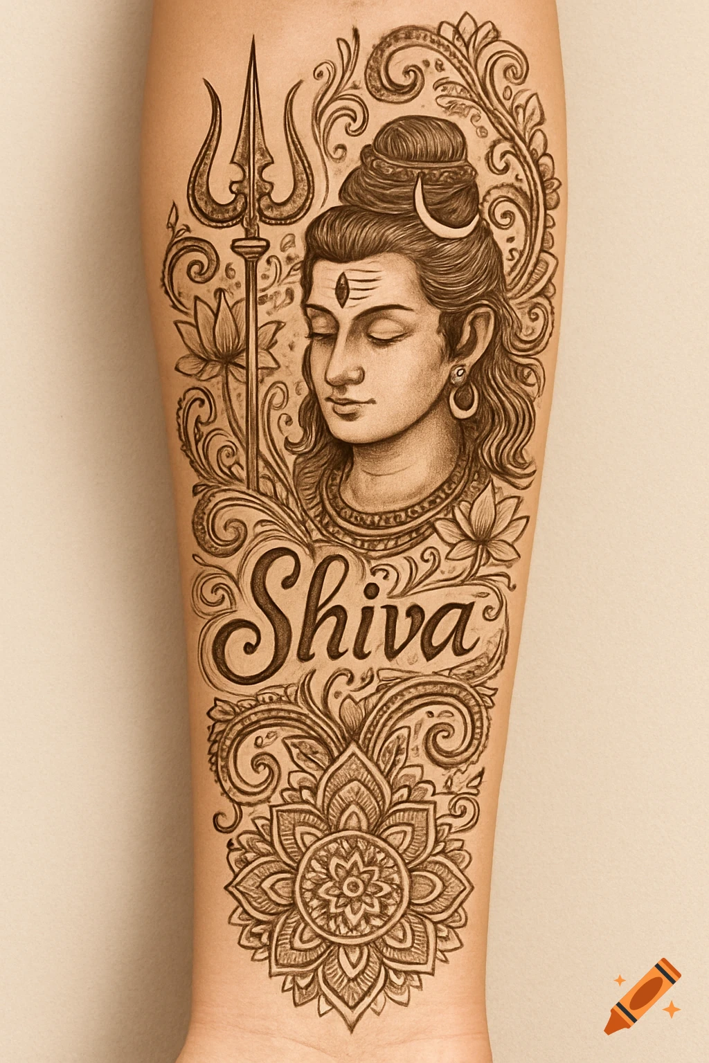 Detailed brown henna tattoo design on an arm featuring Lord Shiva's bust, a  trident, lotus flowers, and patterns, with the name 'Shiva' inscribed. on  Craiyon, image size:1024x1536