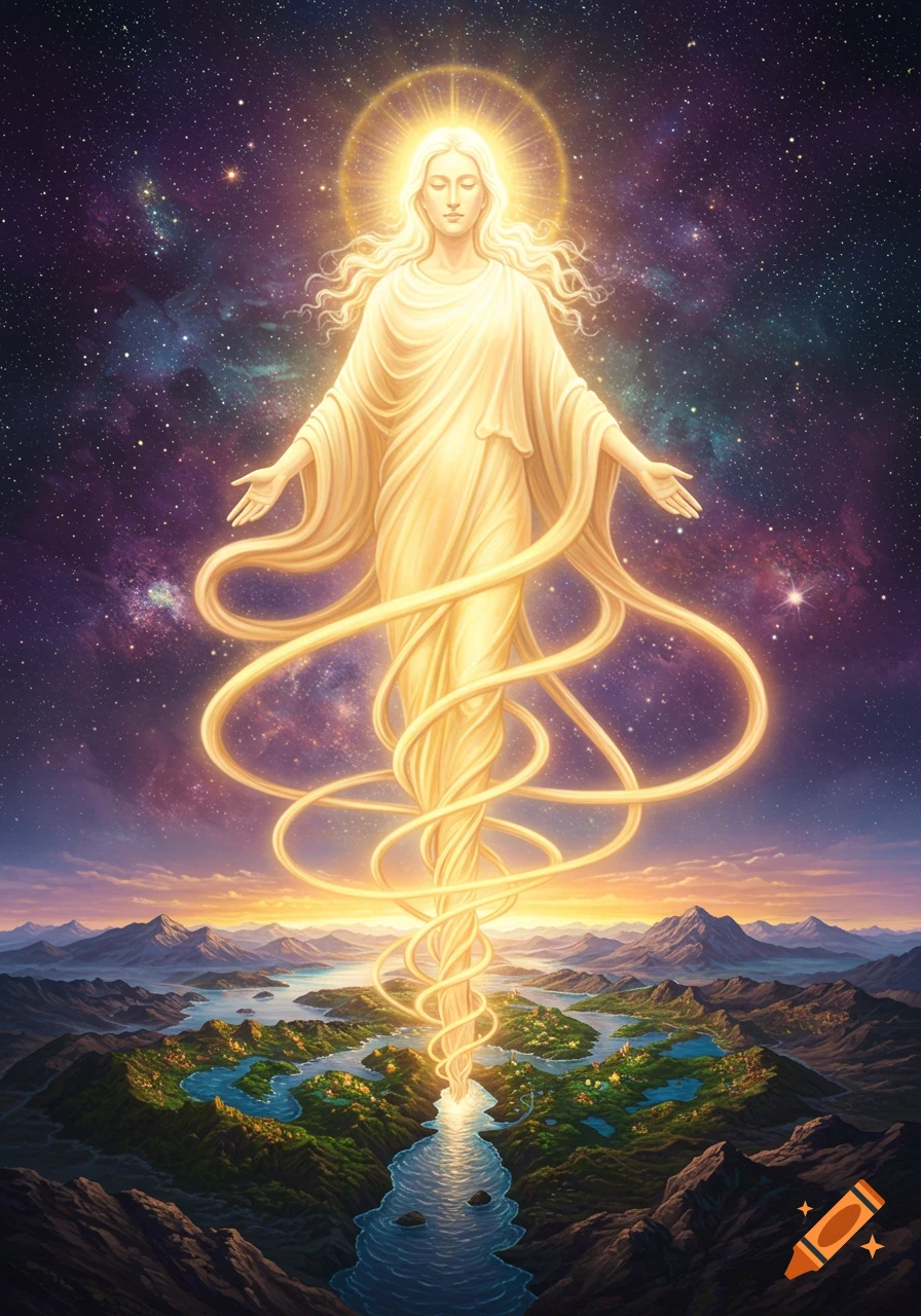 A glowing, ethereal figure in white robes rises from a lush valley into a starry cosmos, with golden light spiraling.