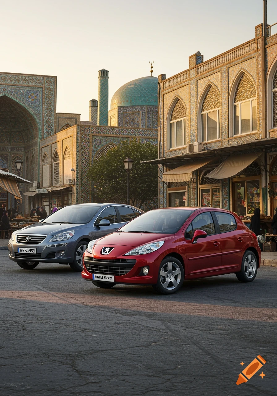 Two cars, a grey sedan and a red hatchback, parked on a street in front of ornate, tiled buildings with an Islamic dome and minaret in the background.