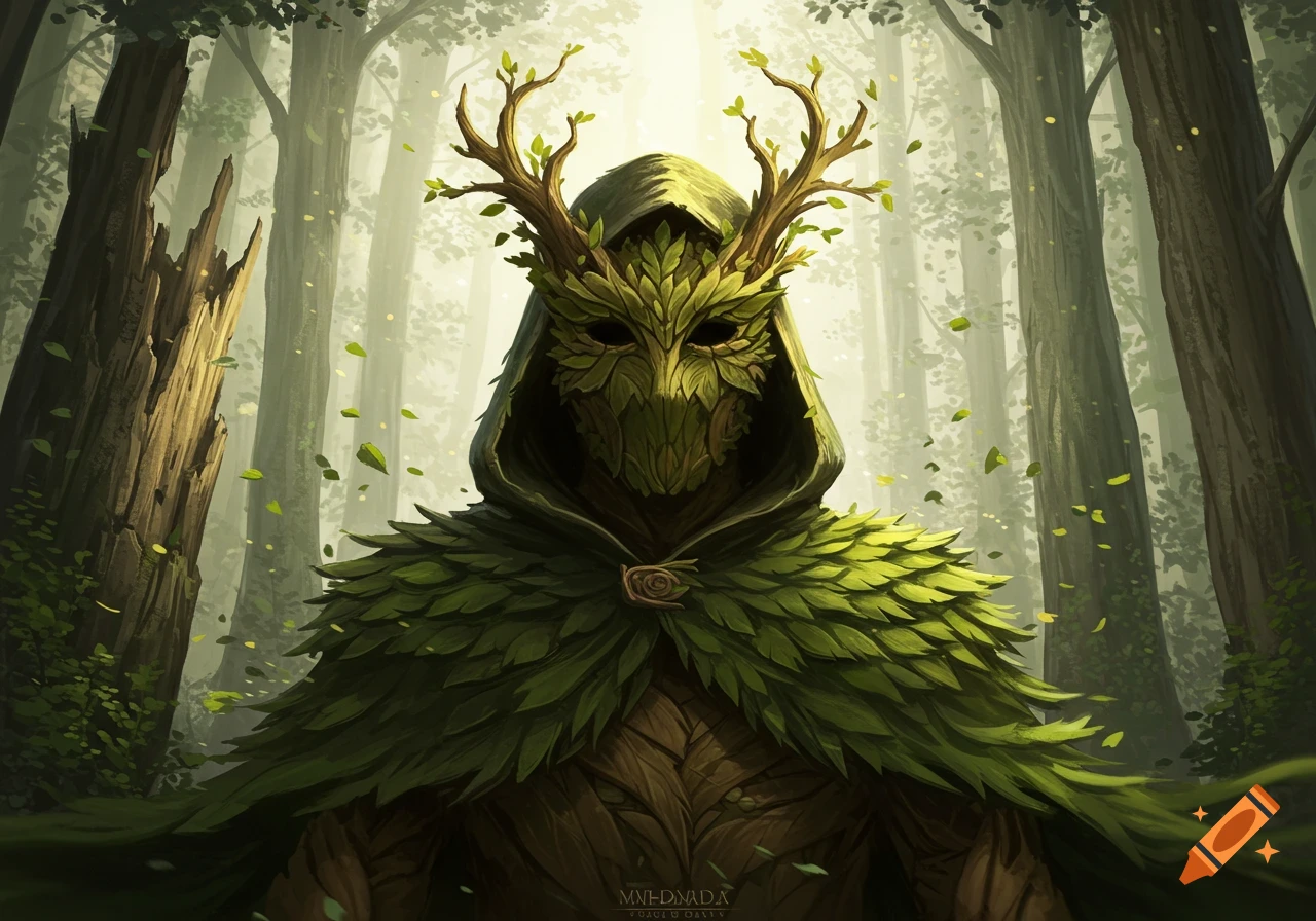 A mysterious hooded figure with a mask and cloak made of green leaves and branches stands in a sunlit forest.