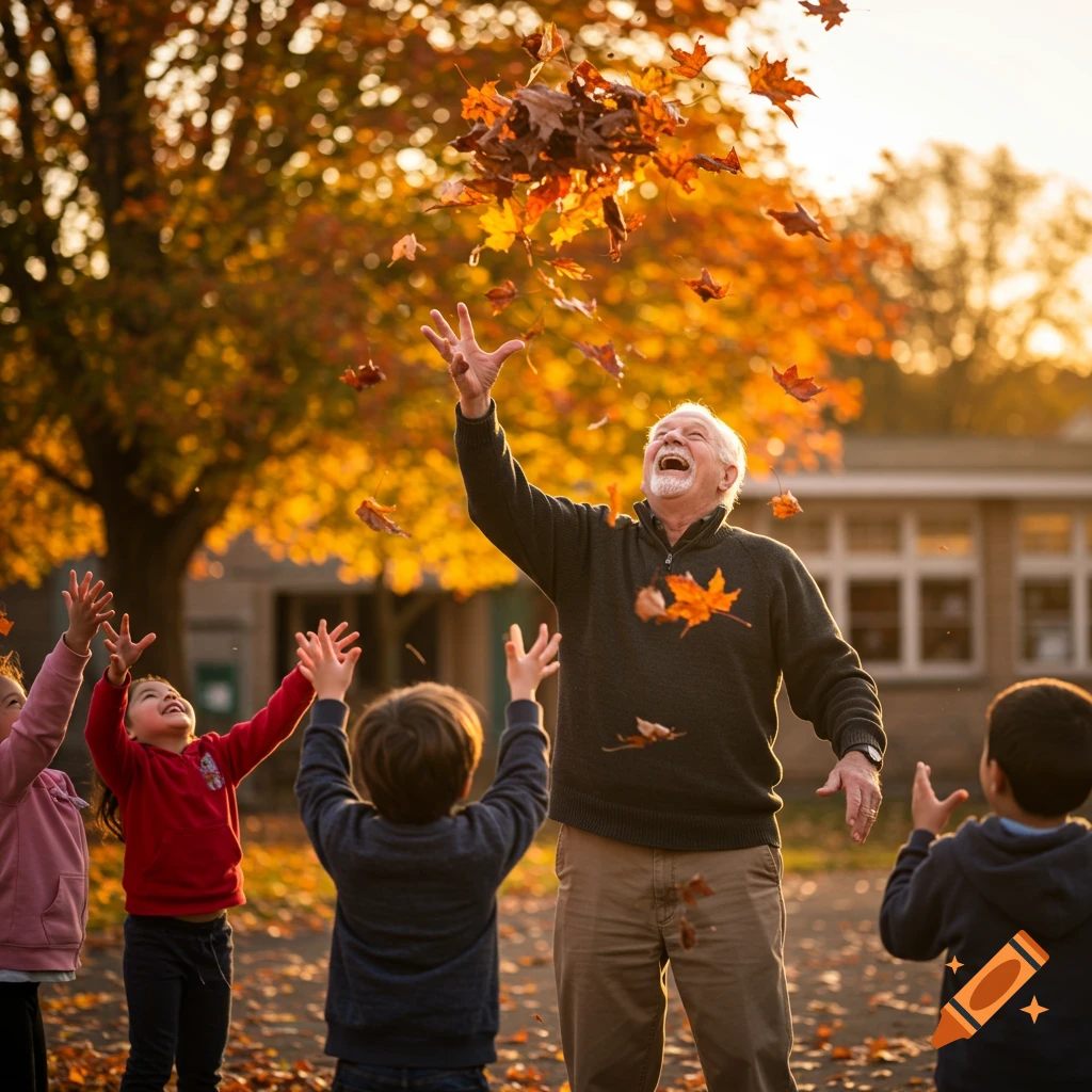 An older man and several children joyfully throw colorful autumn leaves into the air against a backdrop of fall foliage and a building.