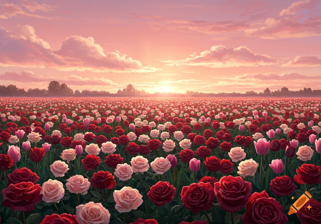 A vibrant landscape painting of a field filled with red, pink, and white roses and tulips under a beautiful pink sunset sky.