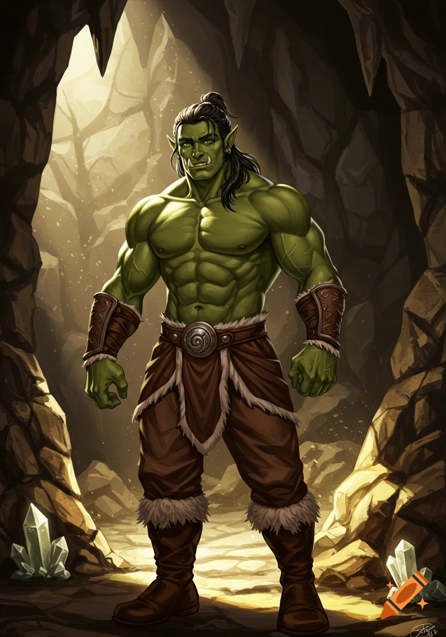 A muscular, green-skinned half-orc barbarian with dark hair tied back, smiling, stands in a glowing cave entrance.