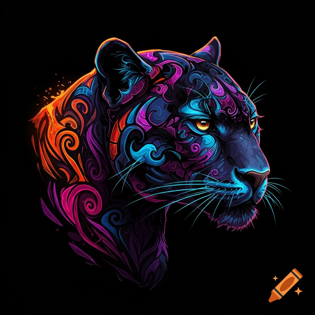 Stylized panther head in vibrant neon colors with intricate patterns on a black background.
