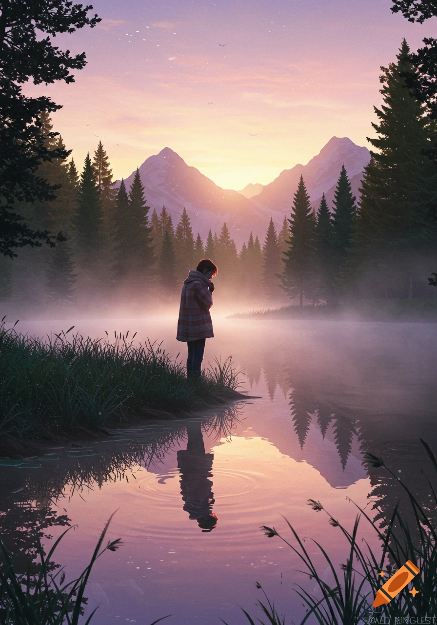 A lone figure stands by a misty lake, reflecting a sunrise over mountains and pine forests, in a serene, atmospheric painting.