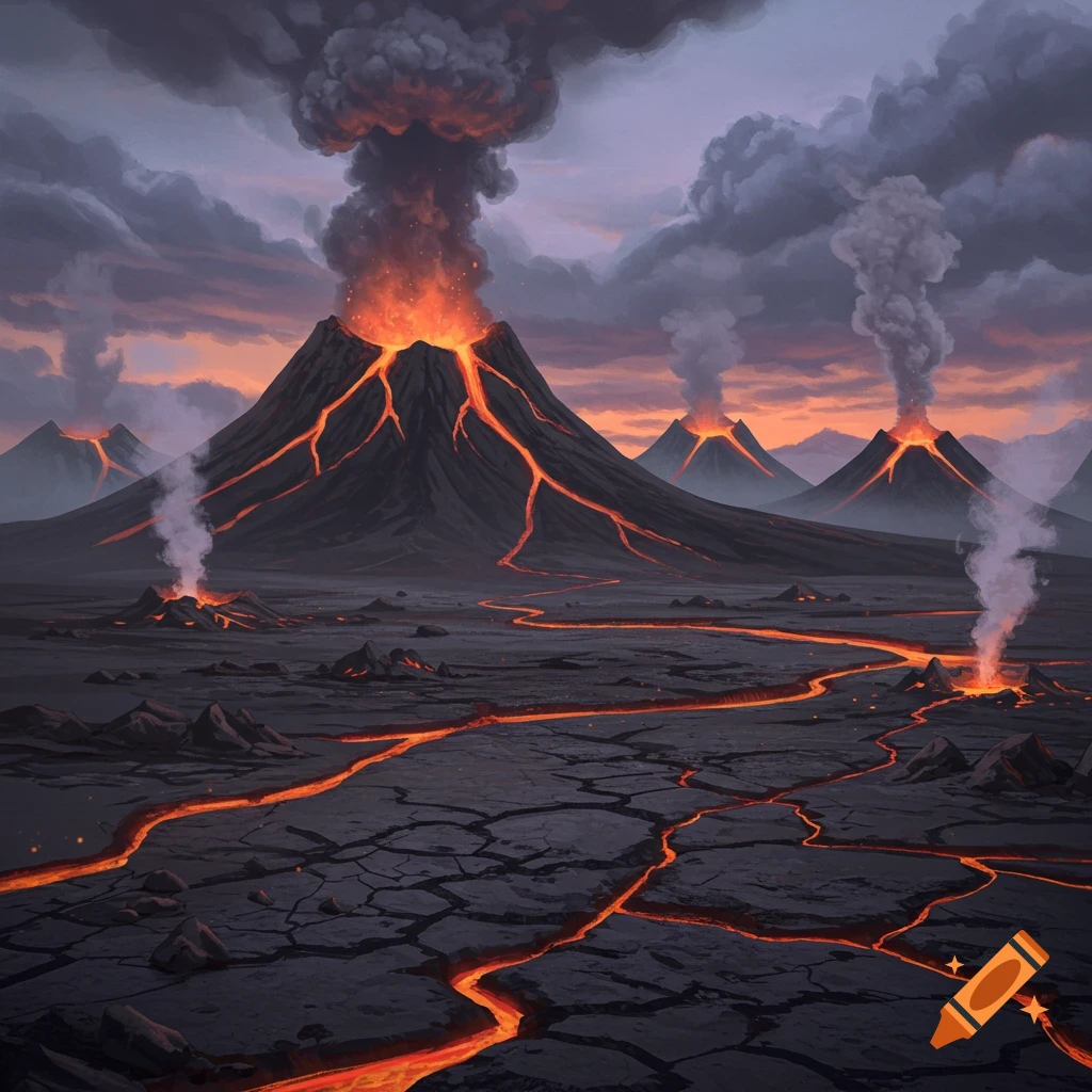 A dramatic illustrative landscape of multiple erupting volcanoes with fiery lava flowing across a cracked, dark plain under a smoky, twilight sky.