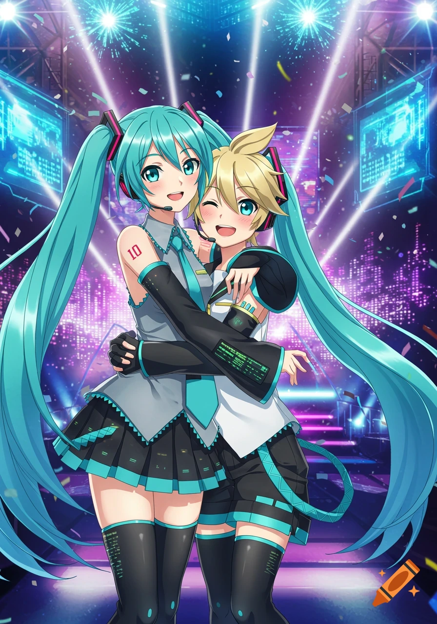 Hatsune Miku with long teal pigtails hugs Kagamine Len at a vibrant digital concert.