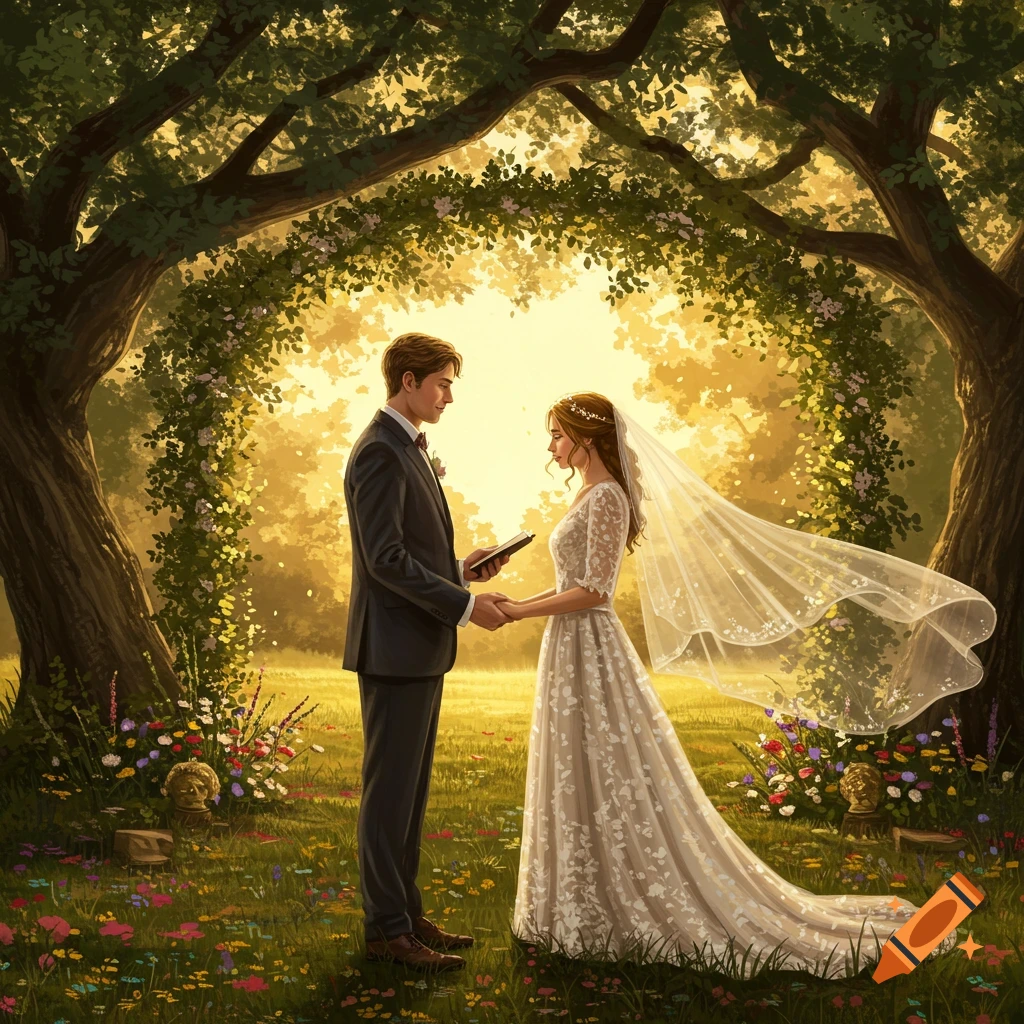An illustrative painting of a bride and groom holding hands during an outdoor wedding under a canopy of trees and golden light, surrounded by wildflowers.